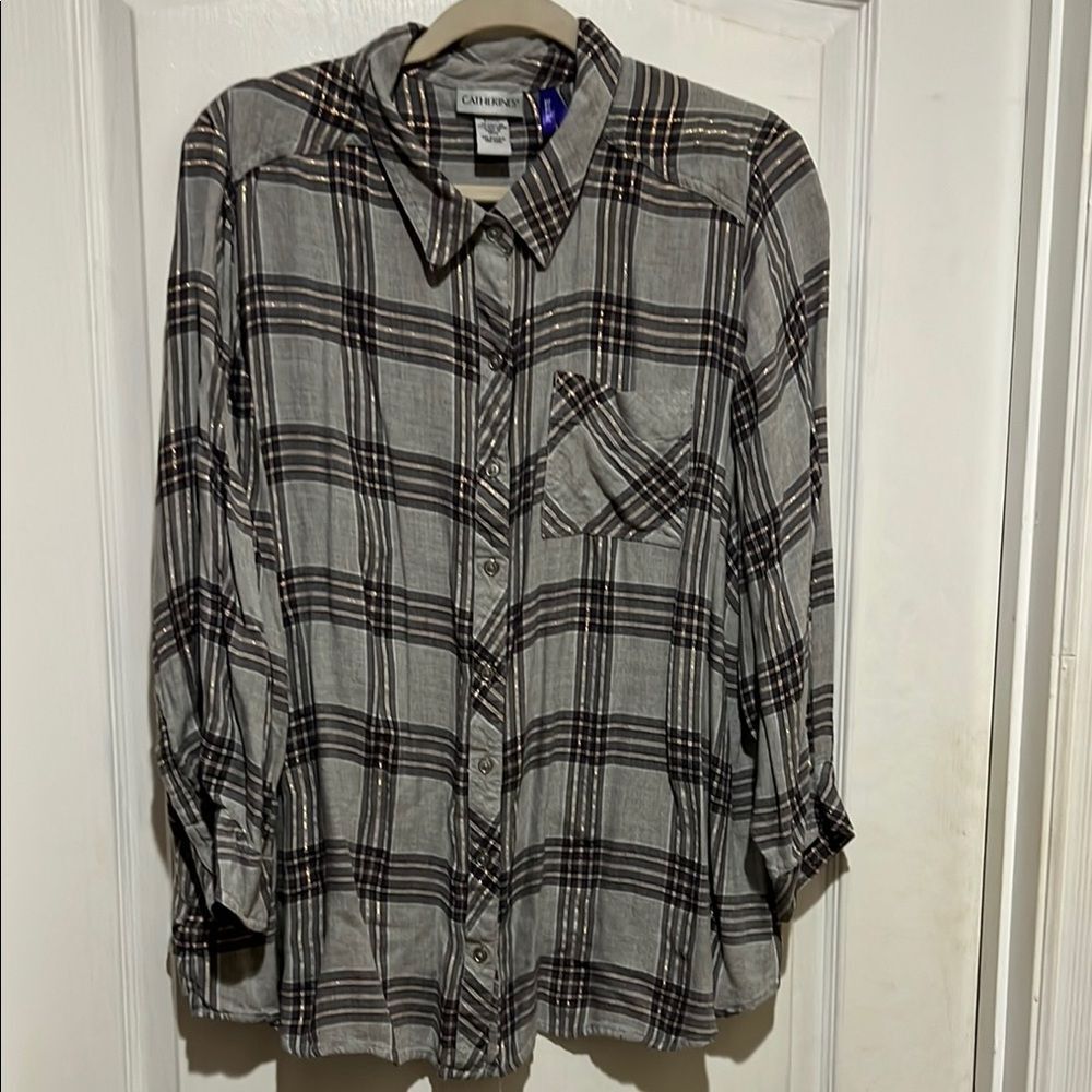 Catherines Gray Boxy Notched Collar Button Down Shirt